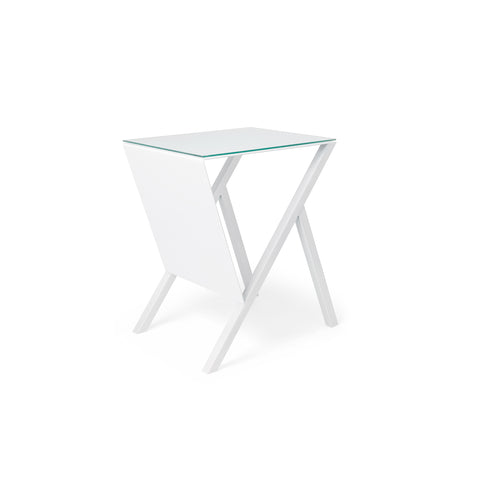 Mesa Pliego en acero con vidrio templado, estilo minimalista.